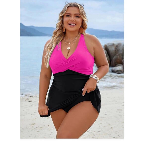Women's Plus Size Swim Dress Tummy Control Swimsuit pink  size XXL Criss Cross - Picture 2 of 15